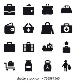 16 vector icon set : portfolio, wallet, purse, shopping bag, add to basket, suitcase iocn, suitcase, baggage checking, baggage, baggage trolley, flour, fertilizer, trash