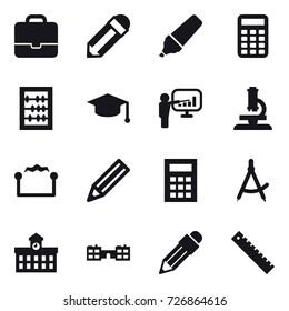 16 vector icon set : portfolio, pencil, marker, calculator, abacus, graduate hat, presentation, microscope, electrostatic, draw compass, university, school, ruler