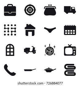 16 vector icon set : portfolio, target, purse, truck, chip, home, underpants, arch window, disco ball, tv, pan, stack of towels