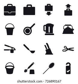 16 vector icon set : portfolio, suitcase iocn, baggage get, baggage, bucket, pan, kettle, garlic clasp, ladle, knife holder, scissors, toilet brush, duster, please clean