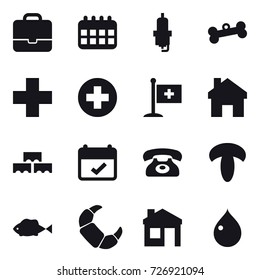 16 vector icon set : portfolio, calendar, spark plug, bone, home, block wall, phone, house, drop