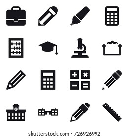 16 vector icon set : portfolio, pencil, marker, calculator, abacus, graduate hat, microscope, electrostatic, university, school, ruler