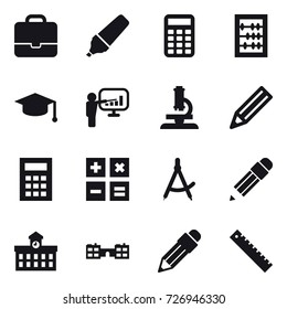 16 vector icon set : portfolio, marker, calculator, abacus, graduate hat, presentation, microscope, pencil, draw compass, university, school, ruler