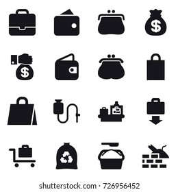 16 vector icon set : portfolio, wallet, purse, money bag, money gift, shopping bag, baggage checking, baggage get, baggage trolley, garbage bag, washing powder, construct garbage