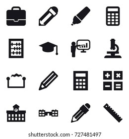 16 vector icon set : portfolio, pencil, marker, calculator, abacus, graduate hat, presentation, microscope, electrostatic, university, school, ruler