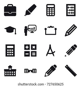 16 vector icon set : portfolio, marker, calculator, abacus, graduate hat, presentation, electrostatic, pencil, draw compass, university, school, ruler
