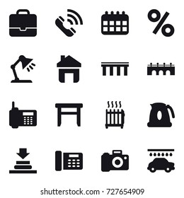 16 vector icon set : portfolio, call, calendar, percent, table lamp, home, bridge, stool, radiator, kettle, car wash