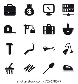 16 vector icon set : portfolio, money bag, monitor arrow, server, measuring tape, suitcase, sickle, blower, vacuum cleaner, clothespin, duster, iron
