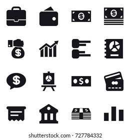 16 vector icon set : portfolio, wallet, money, money gift, diagram, annual report, money message, presentation, credit card, atm receipt, library