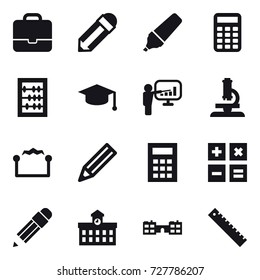 16 vector icon set : portfolio, pencil, marker, calculator, abacus, graduate hat, presentation, microscope, electrostatic, university, school, ruler