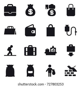 16 vector icon set : portfolio, money bag, money gift, shopping bag, wallet, tourist, suitcase, baggage checking, baggage get, flour, trash, construct garbage