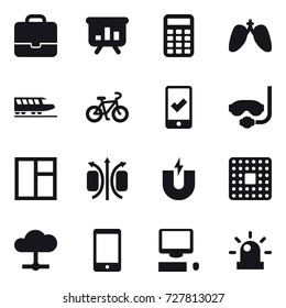 16 vector icon set : portfolio, presentation, calculator, train, bike, mobile checking, diving mask, window