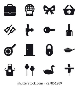 16 vector icon set : portfolio, notebook globe, bow, add to basket, key, scoop, pan, door, apron, trees, goose, scarecrow