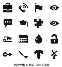 16 vector icon set : portfolio, call, flag, eye, message, graduate hat, puzzle, project, drop, unlocked, ladle, windmill
