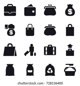 16 vector icon set : portfolio, wallet, purse, money bag, money gift, shopping bag, passenger, suitcase, baggage, flour, garbage bag, washing powder