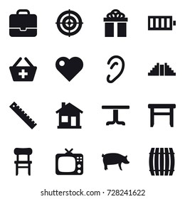 16 vector icon set : portfolio, target, gift, battery, add to basket, heart, pyramid, ruler, home, table, stool, chair, tv, pig, barrel
