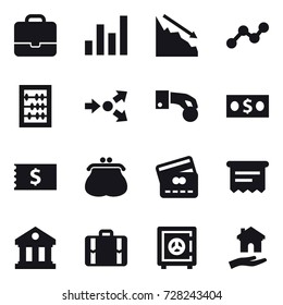 16 vector icon set : portfolio, graph, crisis, abacus, core splitting, hand coin, money, receipt, purse, credit card, atm receipt, library, suitcase, safe, housing
