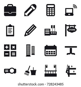 16 vector icon set : portfolio, pencil, calculator, notebook wireless, clipboard, store, store signboard, skyscrapers, table, bucket and broom, skyscapers cleaning, skyscrapers cleaning