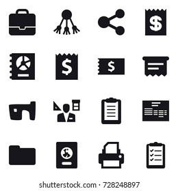 16 vector icon set : portfolio, share, receipt, annual report, atm receipt, slum, architector, passport, clipboard list