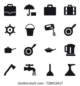 16 vector icon set : portfolio, suitcase iocn, suitcase, handwheel, bucket, mixer, pan, saute pan, kettle, axe, water tap, plunger