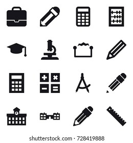 16 vector icon set : portfolio, pencil, calculator, abacus, graduate hat, microscope, electrostatic, draw compass, university, school, ruler