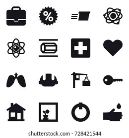 16 Vector Icon Set : Portfolio, Percent, Delivery, Atom, Nanotube, Building Helmet, Key, Home, Flower In Window, Hand Drop