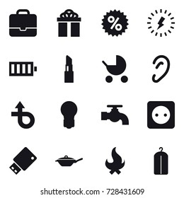 16 vector icon set : portfolio, gift, percent, lightning, battery, lipstick, baby stroller, bulb, water tap, power socket, pan, fire, dry wash