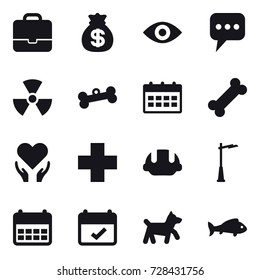 16 vector icon set : portfolio, money bag, eye, message, nuclear, bone, calendar, building helmet, outdoor light, dog, fish
