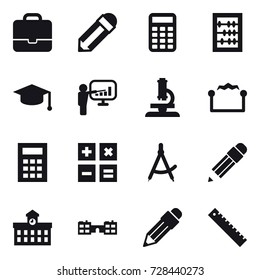 16 vector icon set : portfolio, pencil, calculator, abacus, graduate hat, presentation, microscope, electrostatic, draw compass, university, school, ruler