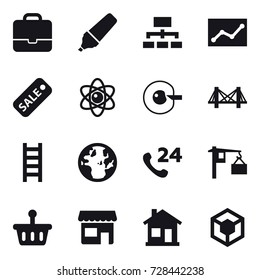 16 vector icon set : portfolio, marker, hierarchy, statistic, sale, atom, cell corection, bridge, stairs, shop, home