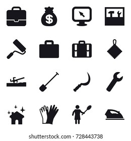 16 vector icon set : portfolio, money bag, monitor arrow, tools, repair, suitcase iocn, suitcase, rag, soil cutter, shovel, sickle, wrench, house cleaning, gloves, woman with pipidaster, iron