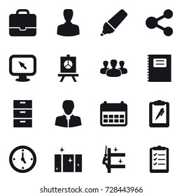 16 vector icon set : portfolio, man, marker, share, monitor arrow, presentation, group, copybook, watch, clean  window, skyscrapers cleaning, clipboard list