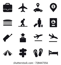 16 vector icon set : portfolio, plane, car pointer, dollar pin, airport building, tourist, passenger, passport, suitcase, baggage, departure, arrival, tent, signpost, flip-flops, bed