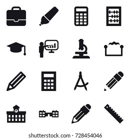 16 vector icon set : portfolio, marker, calculator, abacus, graduate hat, presentation, microscope, electrostatic, pencil, draw compass, university, school, ruler