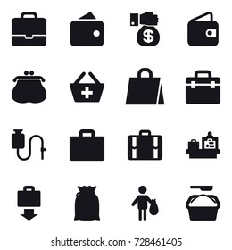 16 vector icon set : portfolio, wallet, money gift, purse, add to basket, shopping bag, suitcase iocn, suitcase, baggage checking, baggage get, trash, washing powder