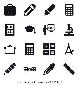 16 vector icon set : portfolio, pencil, marker, calculator, abacus, graduate hat, presentation, microscope, electrostatic, draw compass, school, ruler