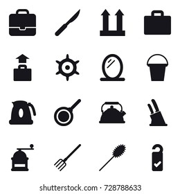 16 vector icon set : portfolio, suitcase iocn, baggage, handwheel, mirror, bucket, kettle, pan, knife holder, hand mill, fork, duster, please clean