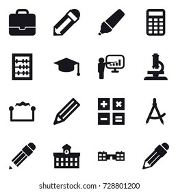 16 vector icon set : portfolio, pencil, marker, calculator, abacus, graduate hat, presentation, microscope, electrostatic, draw compass, university, school