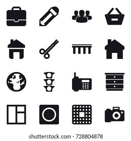 16 vector icon set : portfolio, pencil, group, remove from basket, home, bridge, chest of drawers, window, ring button