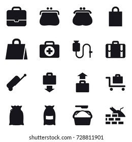 16 vector icon set : portfolio, purse, shopping bag, suitcase, baggage get, baggage, baggage trolley, flour, washing powder, construct garbage