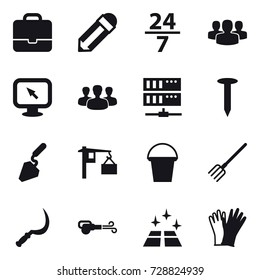 16 vector icon set : portfolio, pencil, 24/7, group, monitor arrow, server, nail, construction, bucket, fork, sickle, blower, clean floor, gloves