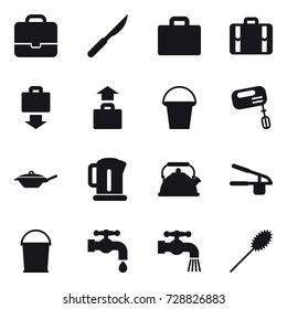 16 vector icon set : portfolio, suitcase iocn, suitcase, baggage get, baggage, bucket, mixer, pan, kettle, garlic clasp, water tap, duster