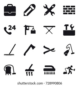 16 vector icon set : portfolio, pencil, pencil wrench, brick wall, iron board, repair tools, rake, axe, pruner, vacuum cleaner, brush