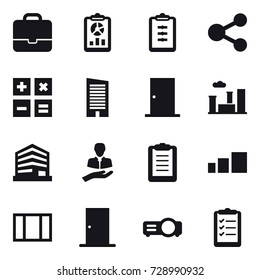 16 vector icon set : portfolio, report, clipboard, share, calculator, skyscraper, door, city, window, clipboard list