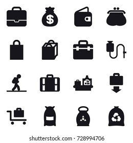 16 vector icon set : portfolio, money bag, wallet, purse, shopping bag, tourist, suitcase, baggage checking, baggage get, baggage trolley, flour, fertilizer, garbage bag
