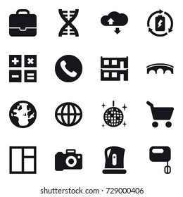 16 vector icon set : portfolio, dna, cloude service, battery charge, calculator, phone, modular house, bridge, globe, disco ball, cart, window, kettle