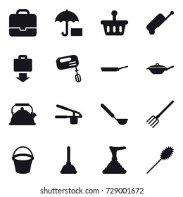 16 vector icon set : portfolio, suitcase, baggage get, mixer, pan, kettle, garlic clasp, ladle, fork, bucket, plunger, duster