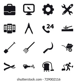 16 vector icon set : portfolio, monitor arrow, gear, pencil wrench, server, drawing compass, soil cutter, shovel, fork, sickle, wheelbarrow, pruner, blower, vacuum cleaner