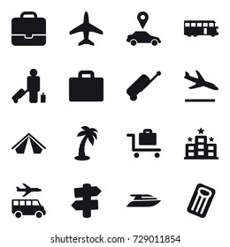 16 vector icon set : portfolio, plane, car pointer, bus, passenger, suitcase iocn, suitcase, arrival, tent, palm, baggage trolley, hotel, transfer, signpost, yacht, inflatable mattress