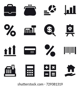 16 vector icon set : portfolio, purse, diagram, graph, percent, cashbox, dollar arrow, presentation, graph up, credit card, barcode, calculator, housing